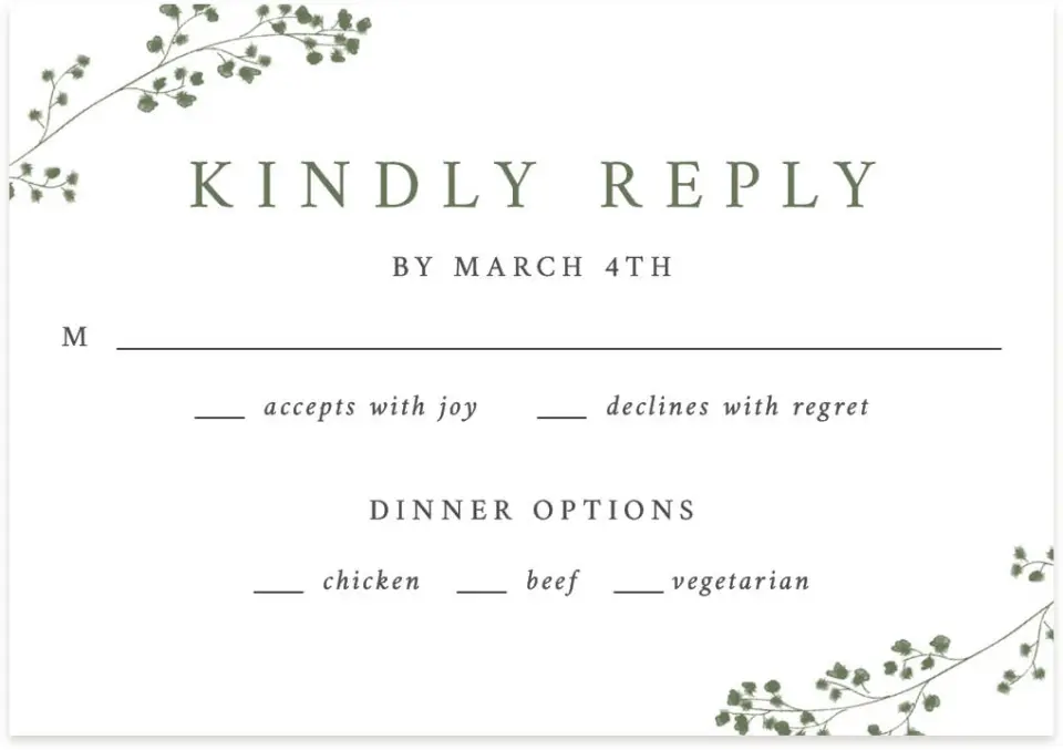 This is a 5" x 3½" Wedding Invitation RSVP Postcard called Fresh Tendrils printed in full color on Premium Smooth paper
