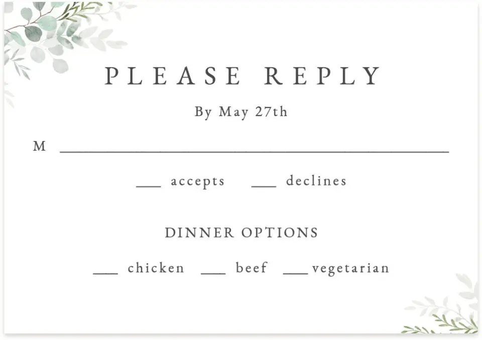 This is a 5" x 3½" Wedding Invitation RSVP Postcard called Elegant Greenery printed in full color on Premium Smooth paper