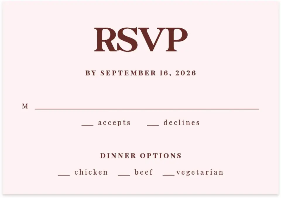 This is a 5" x 3½" Wedding Invitation RSVP Postcard called The Laura printed in full color on Premium Smooth paper