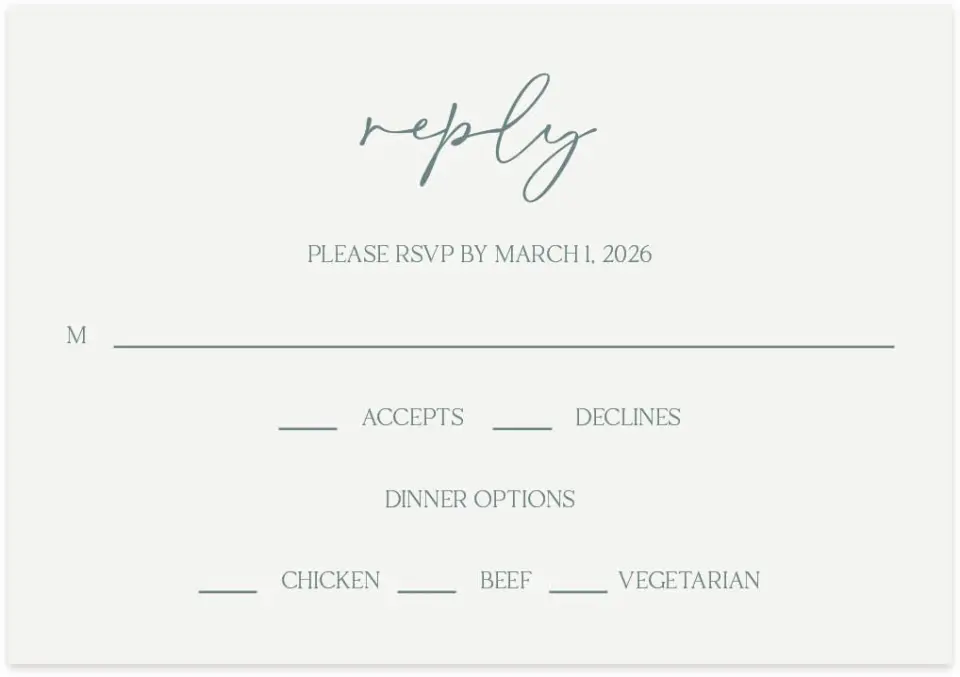 This is a 5" x 3½" Wedding Invitation RSVP Postcard called The Ashlynn printed in full color on Premium Smooth paper