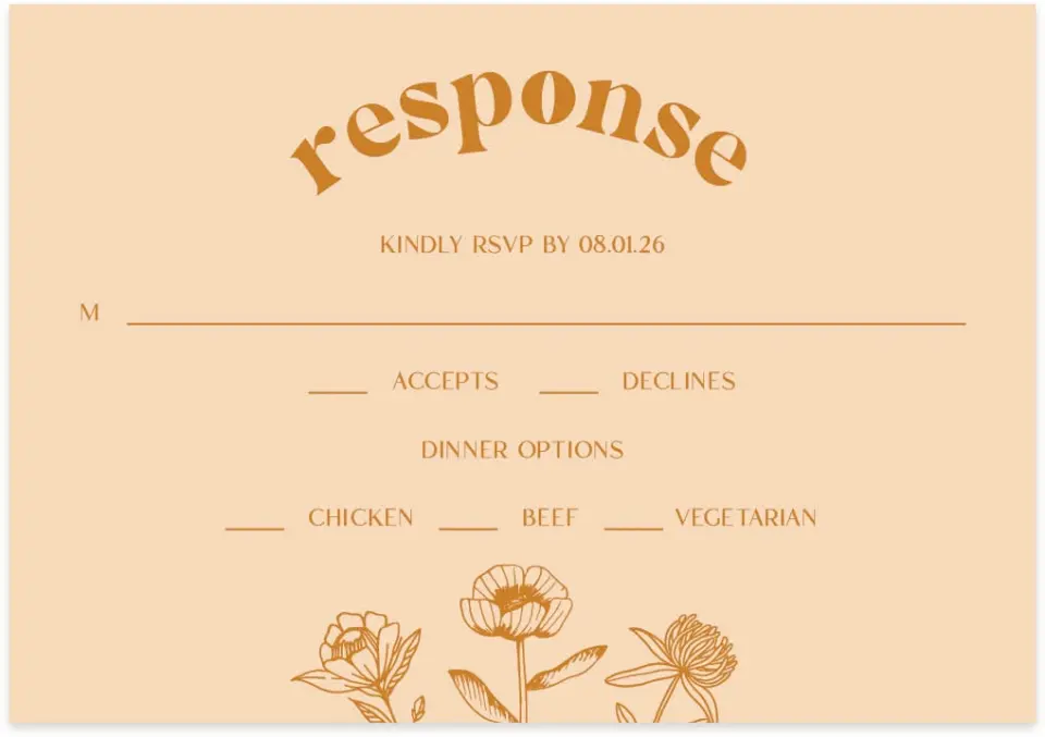 This is a 5" x 3½" Wedding Invitation RSVP Postcard called The Kandice printed in full color on Premium Smooth paper