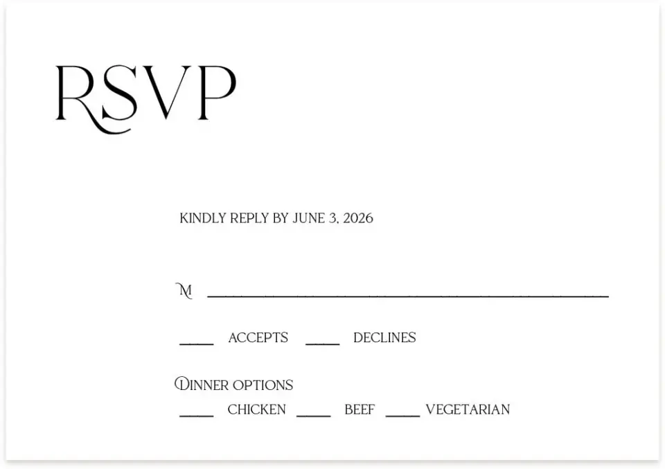 This is a 5" x 3½" Wedding Invitation RSVP Postcard called The Lucy printed in full color on Premium Smooth paper