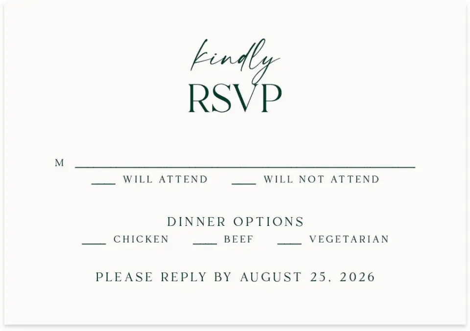 This is a 5" x 3½" Wedding Invitation RSVP Postcard called The Olivia printed in full color with Rose Gold foil on Luxe Satin (coated) paper