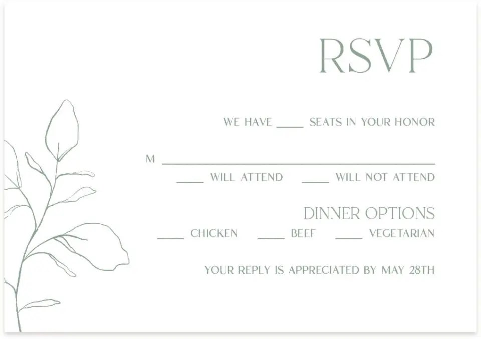 This is a 5" x 3½" Wedding Invitation RSVP Postcard called The Sadie printed in full color on Premium Smooth paper
