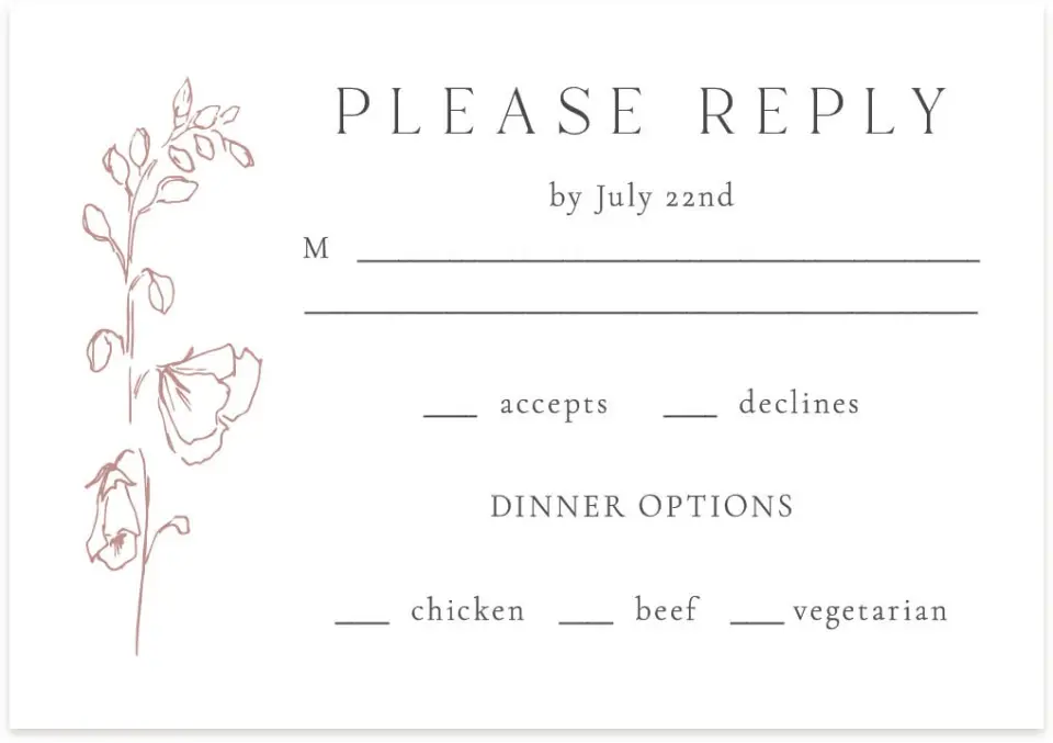 This is a 5" x 3½" Wedding Invitation RSVP Postcard called Cute + Charming printed in full color on Premium Smooth paper