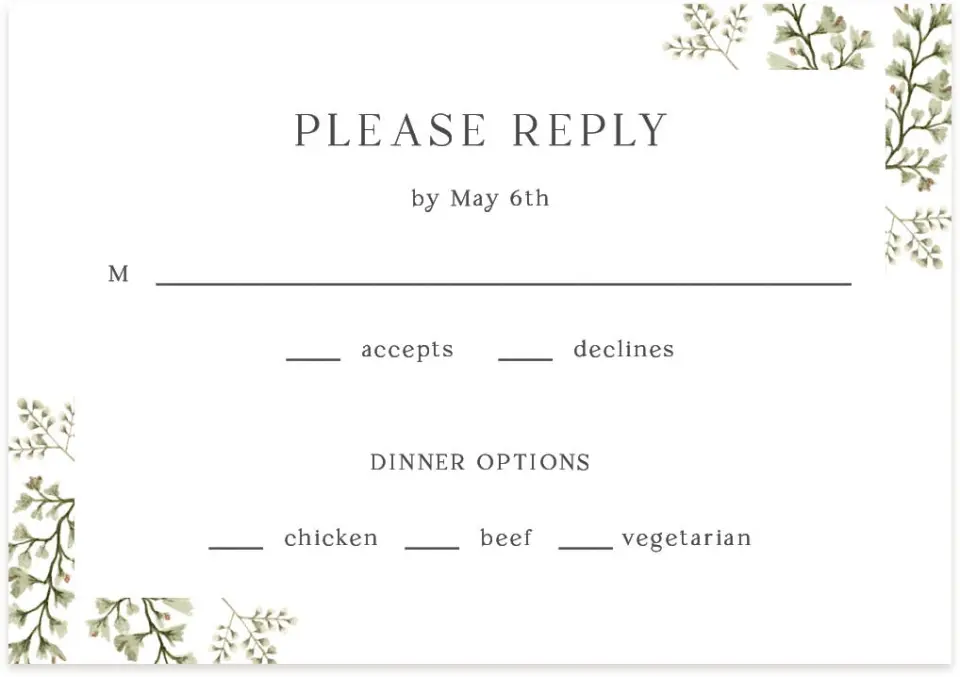 This is a 5" x 3½" Wedding Invitation RSVP Postcard called Leaves of Love printed in full color on Premium Smooth paper