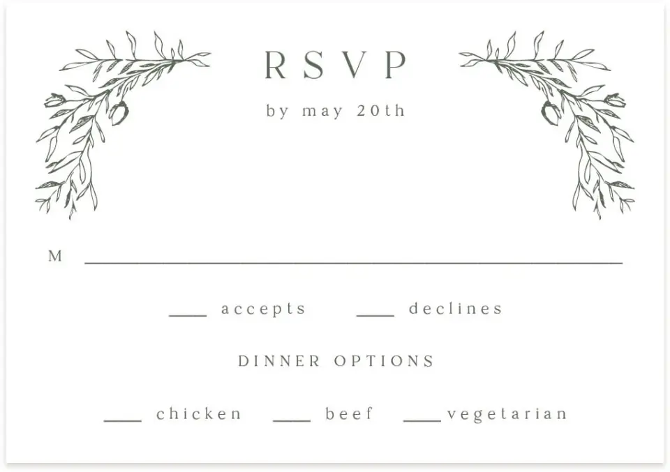 This is a 5" x 3½" Wedding Invitation RSVP Postcard called Flourishing Frame printed in full color on Premium Smooth paper
