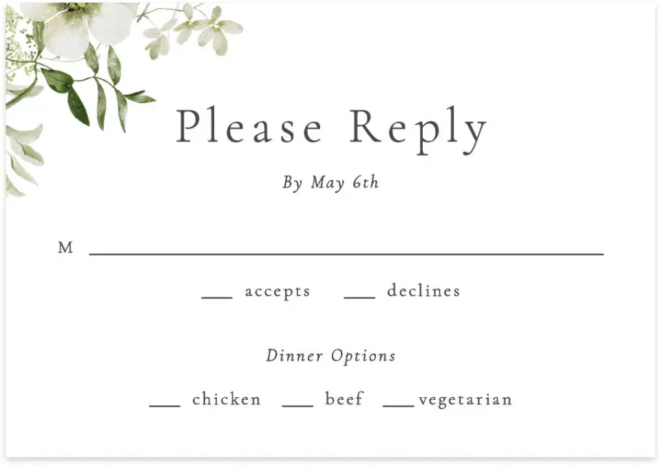 This is a 5" x 3½" Wedding Invitation RSVP Postcard called Graceful Greenery printed in full color on Premium Smooth paper