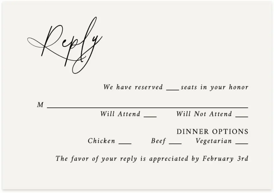 This is a 5" x 3½" Wedding Invitation RSVP Postcard called The Christina printed in full color on Premium Smooth paper