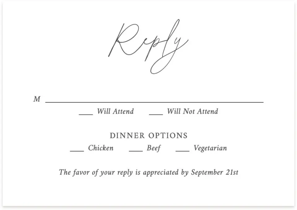 This is a 5" x 3½" Wedding Invitation RSVP Postcard called The Madelyn printed in full color on Premium Smooth paper
