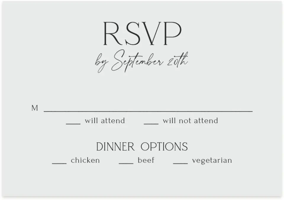 This is a 5" x 3½" Wedding Invitation RSVP Postcard called The Caroline printed in full color on Premium Smooth paper