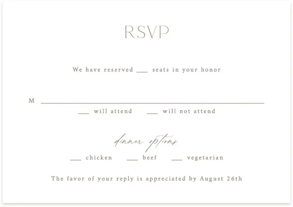 This is a 5" x 3½" Wedding Invitation RSVP Postcard called The Everly printed in full color on Premium Smooth paper