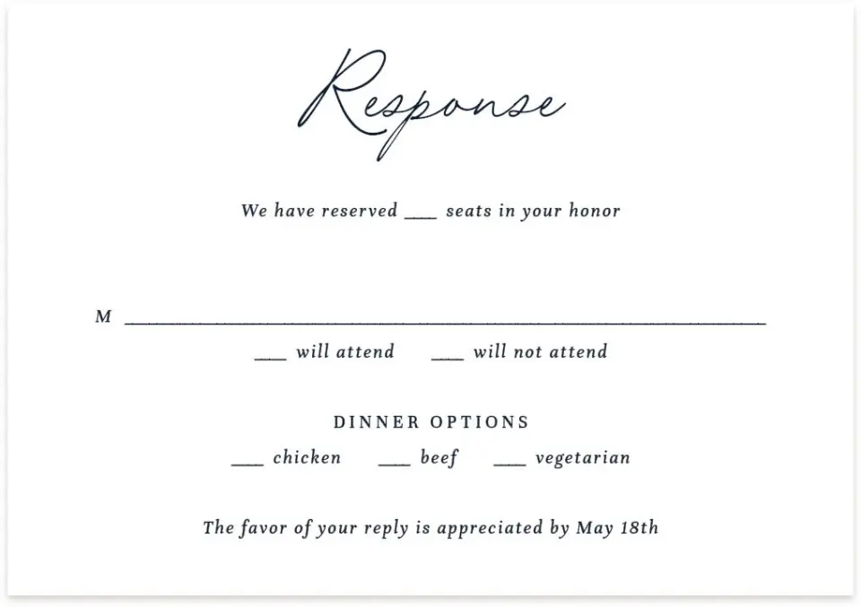 This is a 5" x 3½" Wedding Invitation RSVP Postcard called The Natalie printed in full color on Premium Smooth paper
