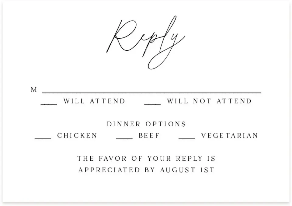 This is a 5" x 3½" Wedding Invitation RSVP Postcard called The Samantha printed in full color on Premium Smooth paper