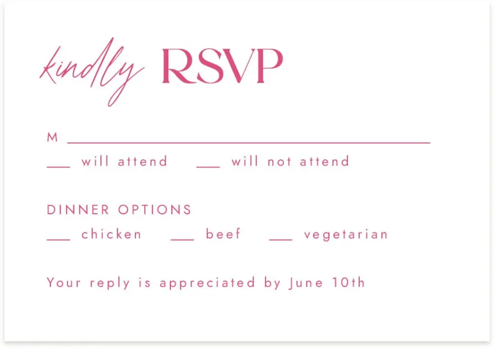 This is a 5" x 3½" Wedding Invitation RSVP Postcard called The Andrea printed in full color on Premium Smooth paper