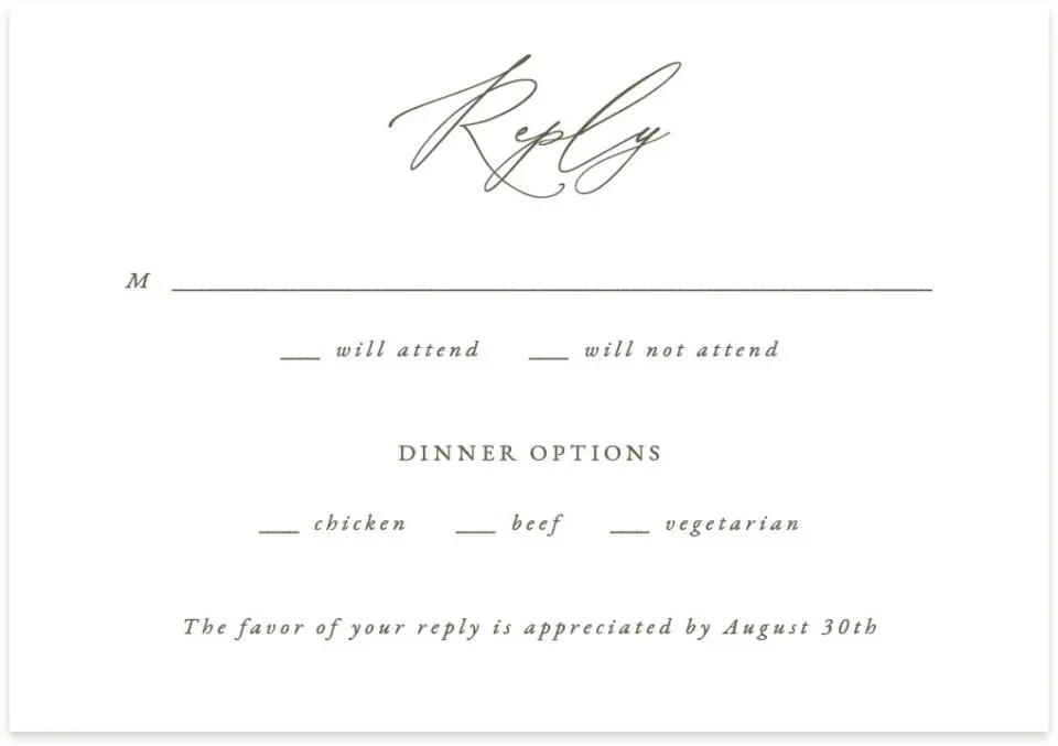 This is a 5" x 3½" Wedding Invitation RSVP Postcard called Elegant Crest printed in full color with Rose Gold foil on Luxe Satin (coated) paper
