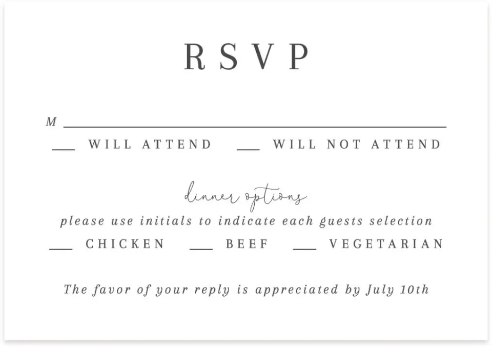 This is a 5" x 3½" Wedding Invitation RSVP Postcard called The Zoey printed in full color with Rose Gold foil on Luxe Satin (coated) paper