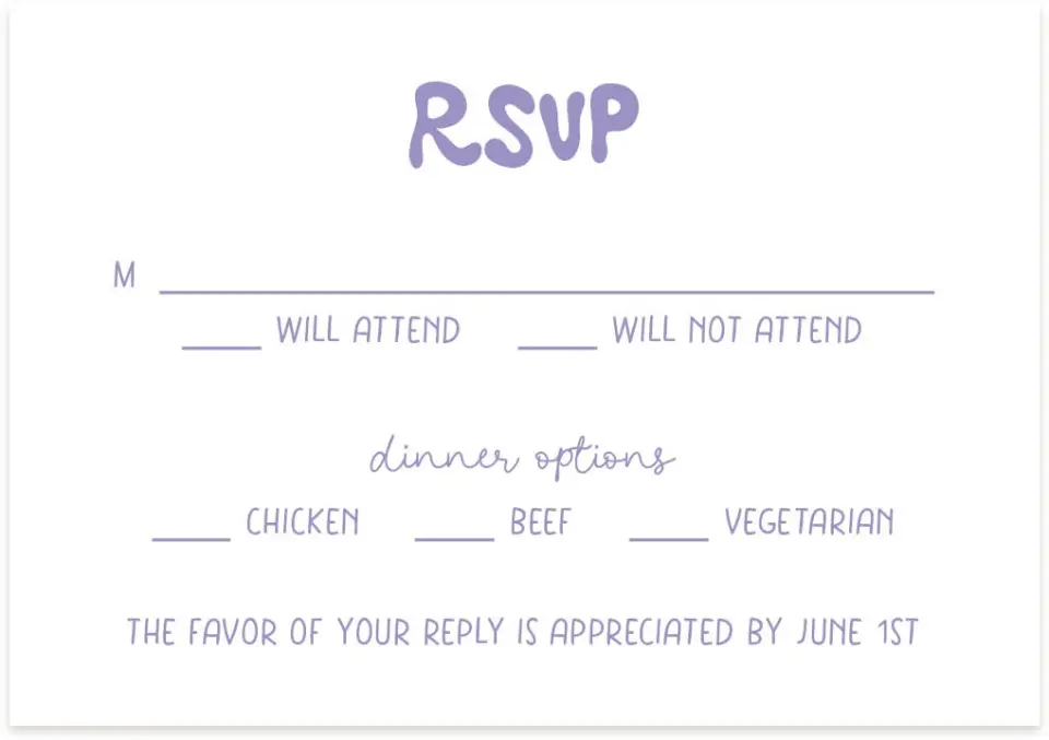 This is a 5" x 3½" Wedding Invitation RSVP Postcard called The Karly printed in full color on Premium Smooth paper