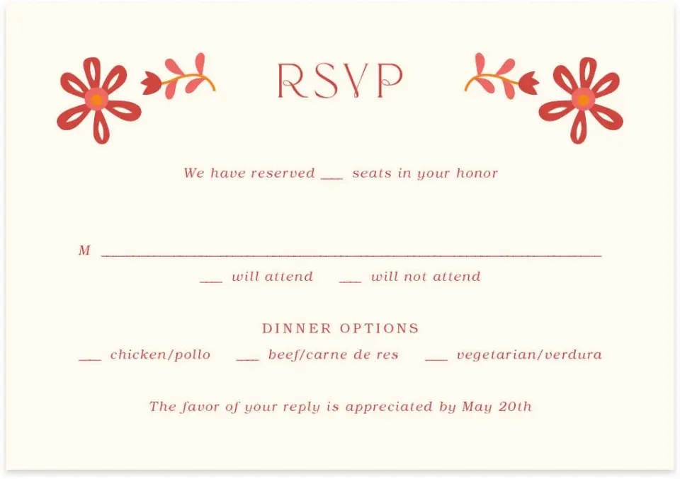 This is a 5" x 3½" Wedding Invitation RSVP Postcard called Folk Fiesta printed in full color on Premium Smooth paper