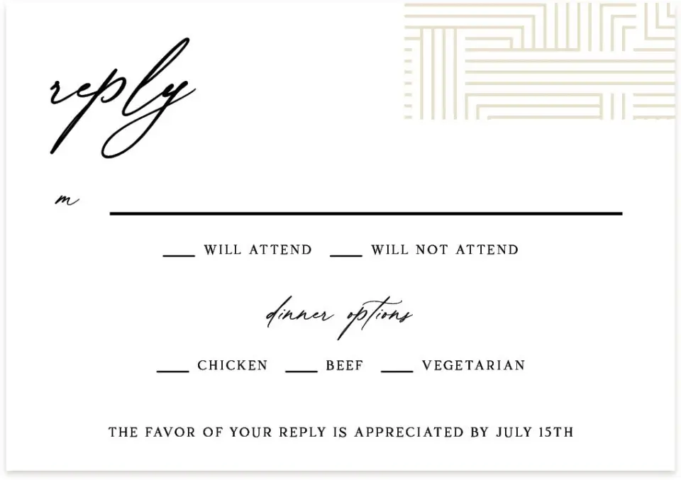 This is a 5" x 3½" Wedding Invitation RSVP Postcard called Love Maze printed in full color with Gold foil on Luxe Satin (coated) paper