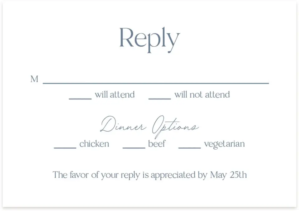 This is a 5" x 3½" Wedding Invitation RSVP Postcard called The Gabriella printed in full color on Premium Smooth paper