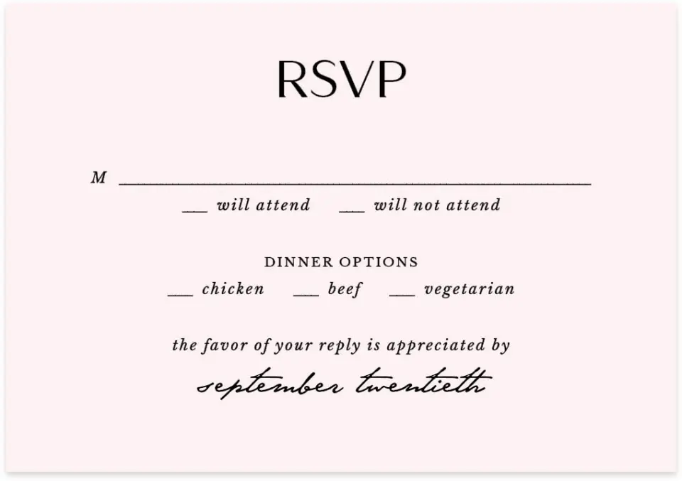 This is a 5" x 3½" Wedding Invitation RSVP Postcard called The Madison printed in full color on Premium Smooth paper