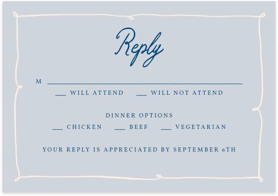 This is a 5" x 3½" Wedding Invitation RSVP Postcard called The Kennedy printed in full color with Rose Gold foil on Luxe Satin (coated) paper