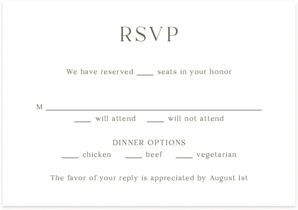 This is a 5" x 3½" Wedding Invitation RSVP Postcard called The Hailey printed in full color with Rose Gold foil on Luxe Satin (coated) paper