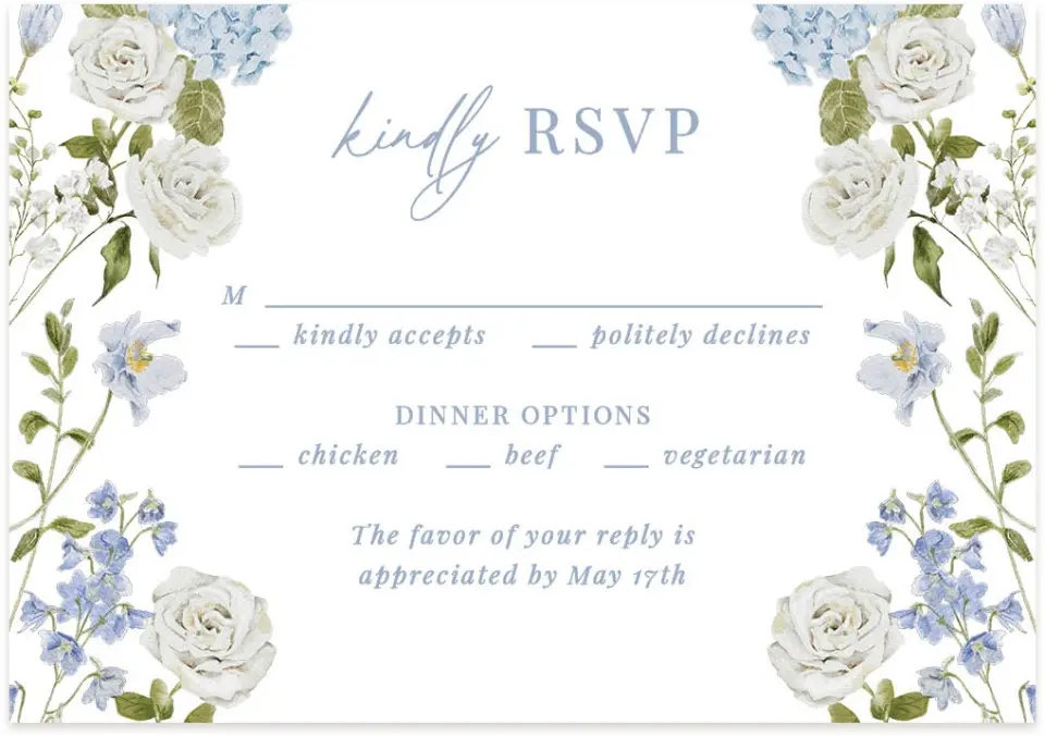 This is a 5" x 3½" Wedding Invitation RSVP Postcard called Blue Blossoms printed in full color on Premium Smooth paper