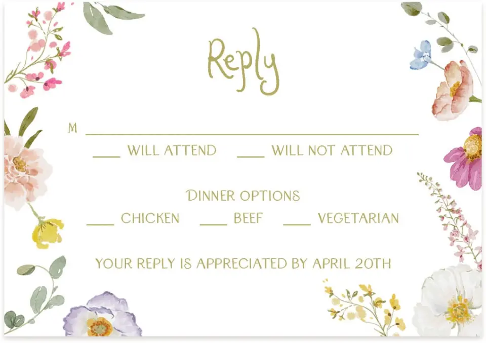 This is a 5" x 3½" Wedding Invitation RSVP Postcard called Whimsical Garden printed in full color on Premium Smooth paper