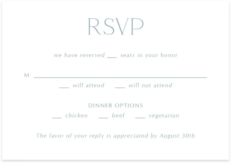 This is a 5" x 3½" Wedding Invitation RSVP Postcard called The Victoria printed in full color with Silver foil on Luxe Satin (coated) paper