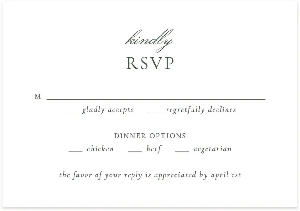 This is a 5" x 3½" Wedding Invitation RSVP Postcard called The Adaline printed in full color with Silver foil on Luxe Satin (coated) paper