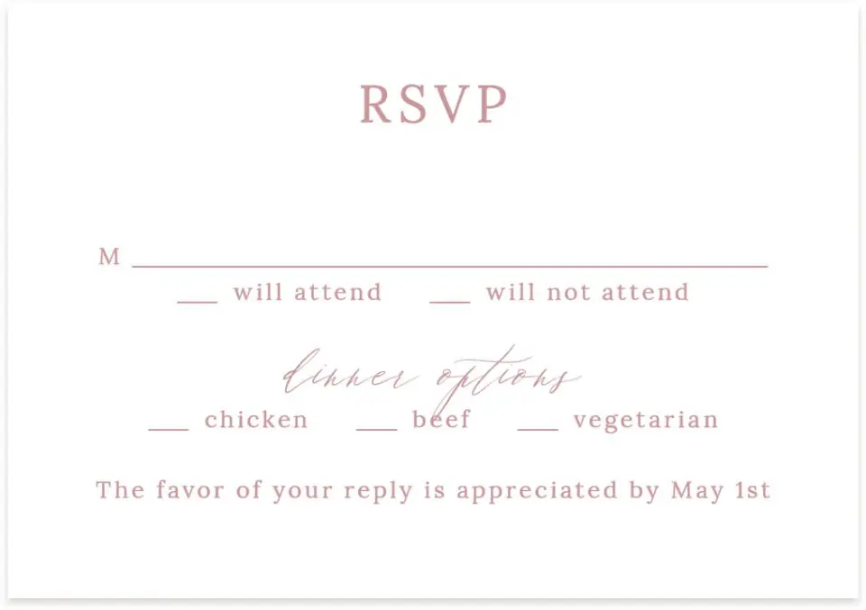 This is a 5" x 3½" Wedding Invitation RSVP Postcard called Blushing Rose printed in full color with Silver foil on Luxe Satin (coated) paper