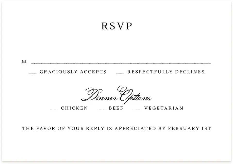 This is a 5" x 3½" Wedding Invitation RSVP Postcard called Elegant Tradition printed in full color with Silver foil on Luxe Satin (coated) paper
