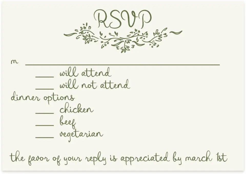 This is a 5" x 3½" Wedding Invitation RSVP Postcard called Sweet Woodland printed in full color on Premium Smooth paper
