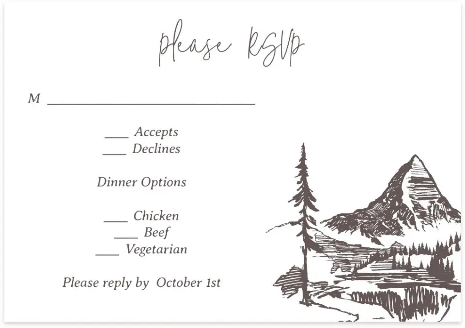 This is a 5" x 3½" Wedding Invitation RSVP Postcard called Mountain Bliss printed in full color on Premium Smooth paper