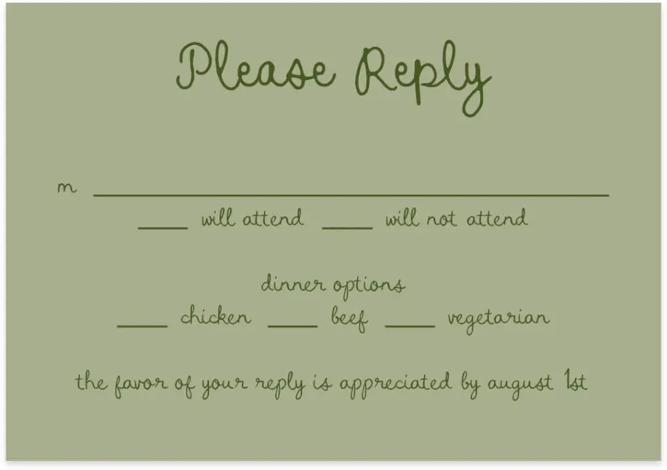 This is a 5" x 3½" Wedding Invitation RSVP Postcard called Evergreen Elegance printed in full color with Rose Gold foil on Luxe Satin (coated) paper