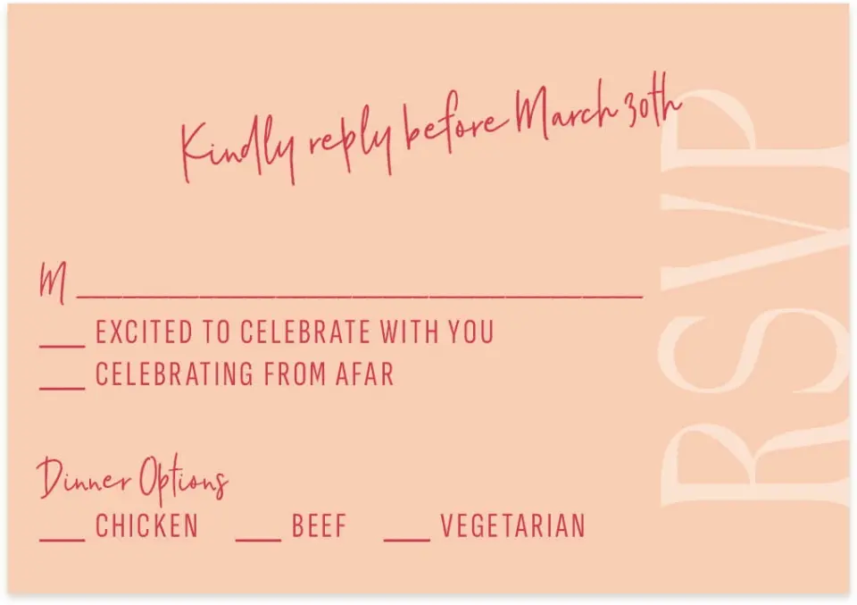 This is a 5" x 3½" Wedding Invitation RSVP Postcard called Lovey-Dovey printed in full color with Rose Gold foil on Luxe Satin (coated) paper