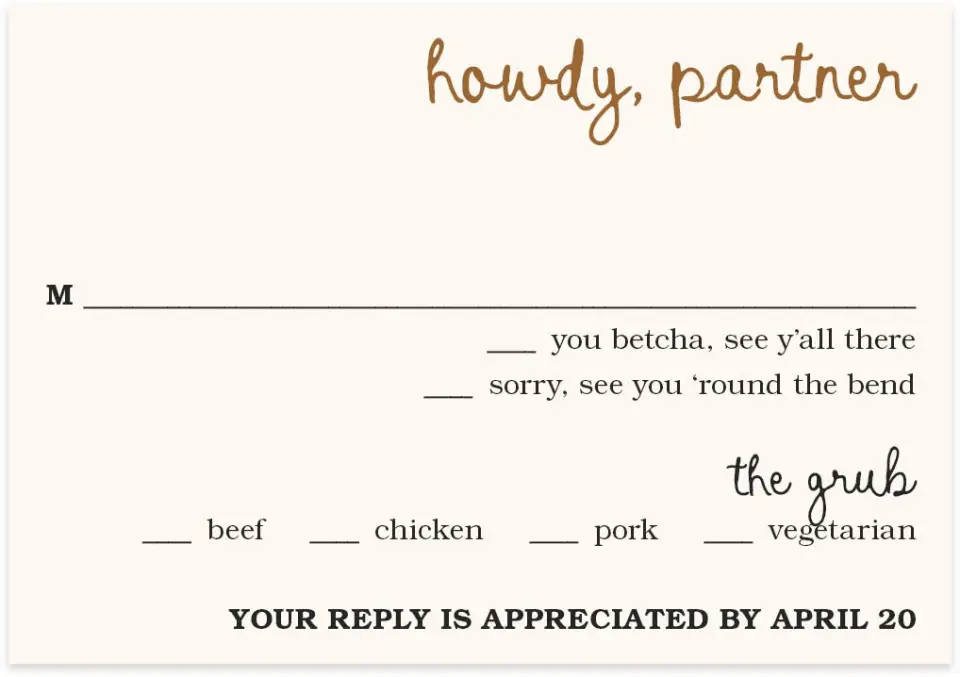 This is a 5" x 3½" Wedding Invitation RSVP Postcard called Head Over Boots printed in full color with Rose Gold foil on Luxe Satin (coated) paper