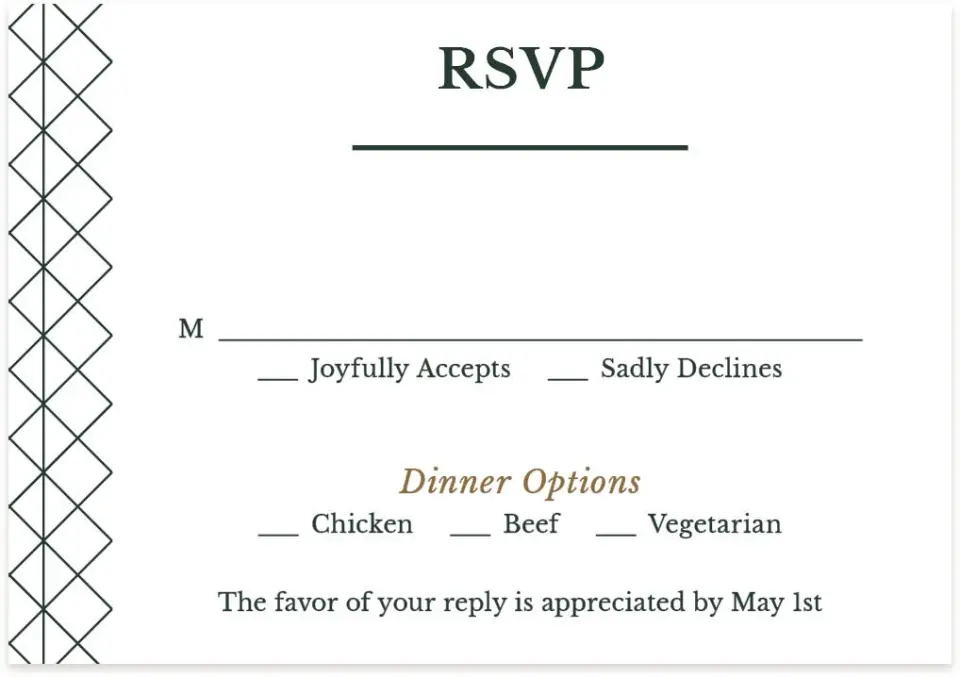 This is a 5" x 3½" Gala Invitation RSVP Postcard called Enduring Evergreen printed in full color on Premium Smooth paper