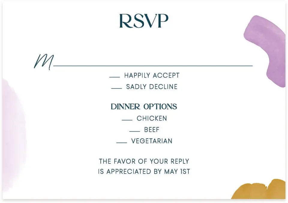 This is a 5" x 3½" Gala Invitation RSVP Postcard called Cordially Colorful printed in full color on Premium Smooth paper