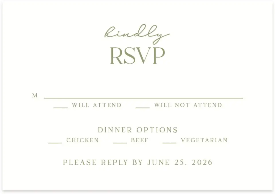 This is a 5" x 3½" Wedding Invitation RSVP Postcard called The Jolene printed in full color on Premium Smooth paper