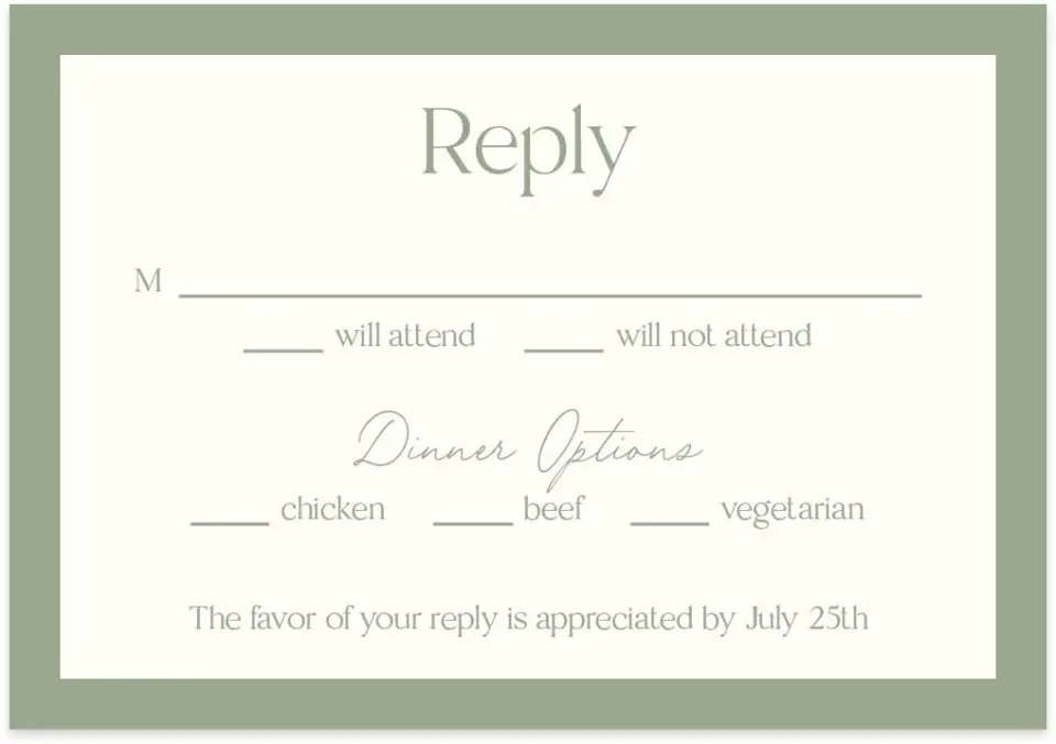 This is a 5" x 3½" Wedding Invitation RSVP Postcard called The Penelope printed in full color on Premium Smooth paper