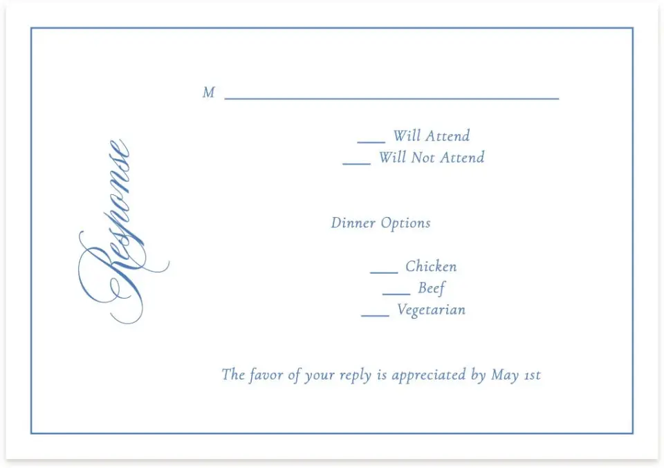 This is a 5" x 3½" Wedding Invitation RSVP Postcard called Bradley printed in full color with Rose Gold foil on Luxe Satin (coated) paper