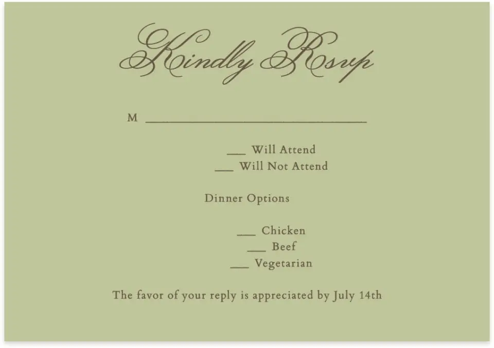 This is a 5" x 3½" Wedding Invitation RSVP Postcard called Holloway printed in full color with Silver foil on Luxe Satin (coated) paper