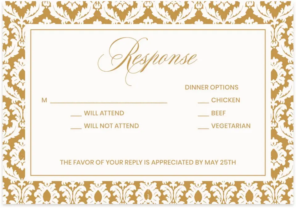 This is a 5" x 3½" Wedding Invitation RSVP Postcard called Wayzata printed in full color with Silver foil on Luxe Satin (coated) paper
