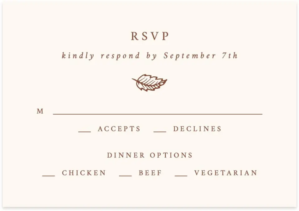 This is a 5" x 3½" Wedding Invitation RSVP Postcard called Autumn Vow printed in full color on Premium Smooth paper