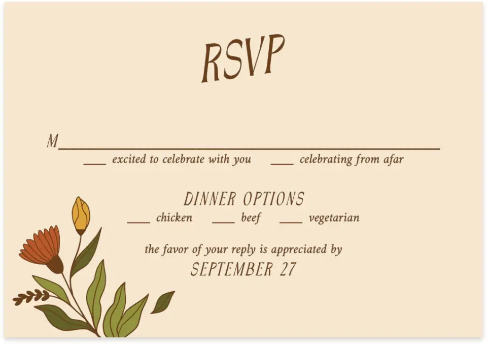 This is a 5" x 3½" Wedding Invitation RSVP Postcard called Wild + Bright printed in full color with Rose Gold foil on Luxe Satin (coated) paper