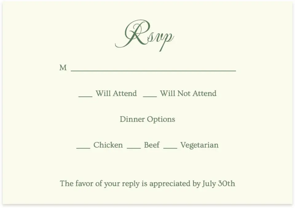 This is a 5" x 3½" Wedding Invitation RSVP Postcard called Warwick printed in full color with Silver foil on Luxe Satin (coated) paper