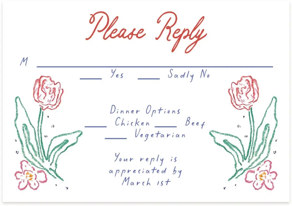 This is a 5" x 3½" Wedding Invitation RSVP Postcard called Whimsy Love printed in full color with Silver foil on Luxe Satin (coated) paper